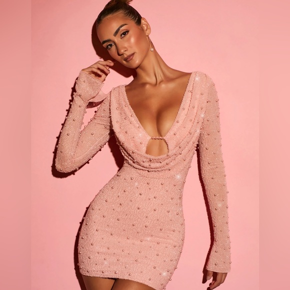 Oh Polly Dresses & Skirts - Gorgeous Blush Deep Plunge Embellished Bodycon Dress - Size US 6